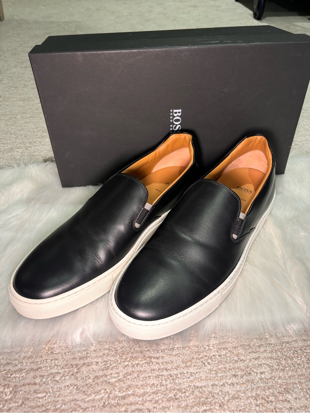 BOSS Black Leather Slip-On Loafers with White Sole